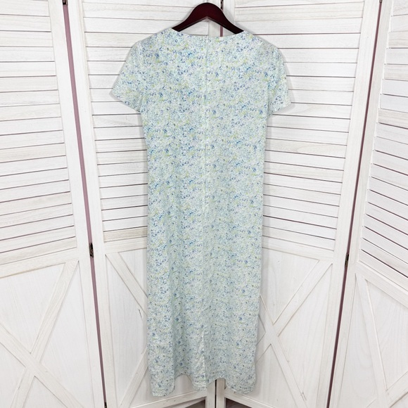 Vntg Villager Liz Claiborne Ditsy Floral Cinch Neck Linen Maxi Dress Blue Medium - Picture 9 of 12